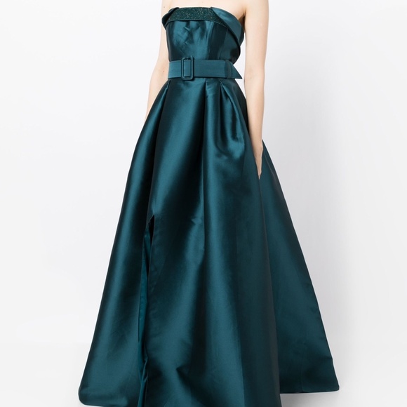 Sachin & Babi Ceri Deep Teal Beaded Belted Strapless Ball Gown Dress - Picture 4 of 13